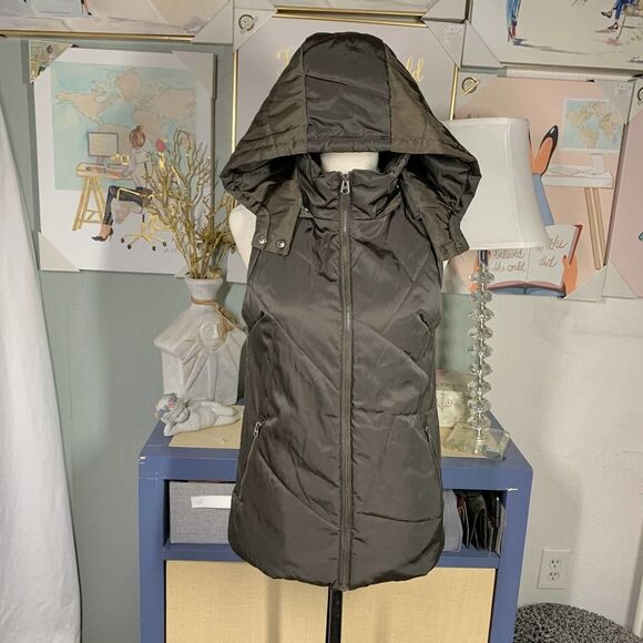 Brown hooded puffer vest full zip jacket sz s womens no brand good quality - Picture 1 of 6